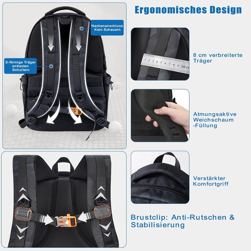 FRONET 17.3" Laptop Hátizsák Férfi Ergonomikus Fekete Iskolai Daypack