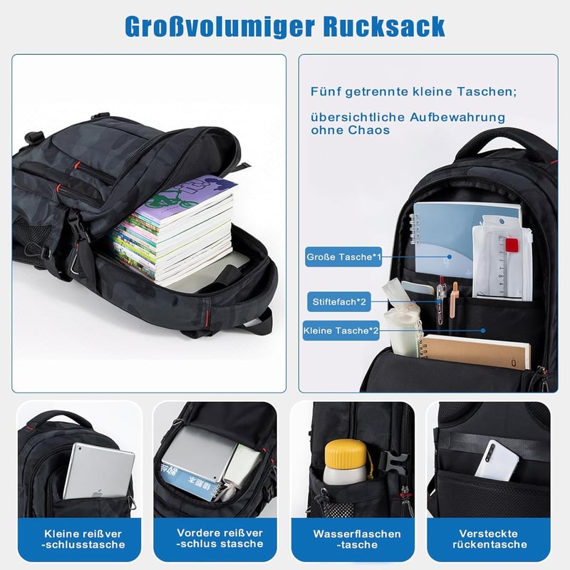FRONET 17.3" Laptop Hátizsák Férfi Ergonomikus Fekete Iskolai Daypack