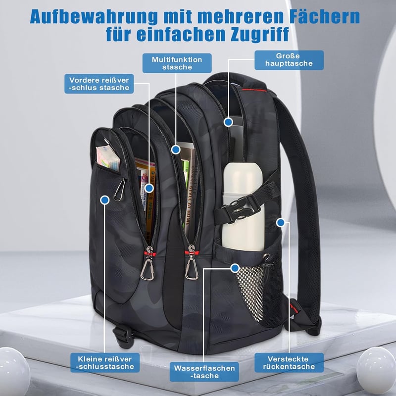 FRONET 17.3" Laptop Hátizsák Férfi Ergonomikus Fekete Iskolai Daypack