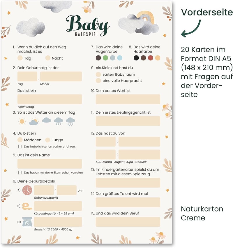 FRUITPRINTS 20 db Baby Shower Játék Kártya, Kitöltős Tippelő Lapok Fiúknak és Lányoknak