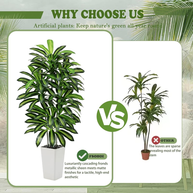 FSOHOI 180cm Műanyag Dracaena Fa Fehér Kaspóval Trópusi Dekoráció Lakásba - 22.9 cm, 1, White Tall Planter