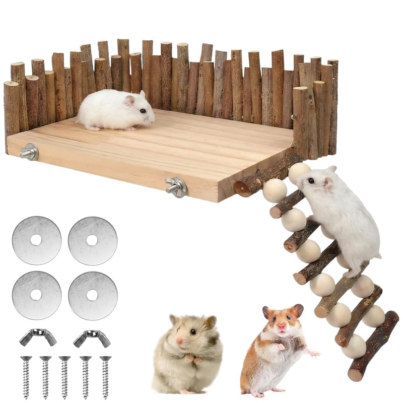 Platformă din lemn pentru hamsteri FTISSLY, suport de cățărat pe piloni cu gard și scară, jucărie pentru rozătoare, hamsteri, veverițe și șobolani