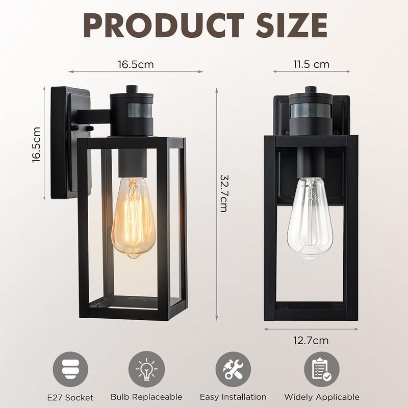 FTL kültéri fali lámpa mozgásérzékelővel 3 fényüzemmóddal, E27 foglalattal, max 60 W, IP44, matt fekete, üveg búrákkal