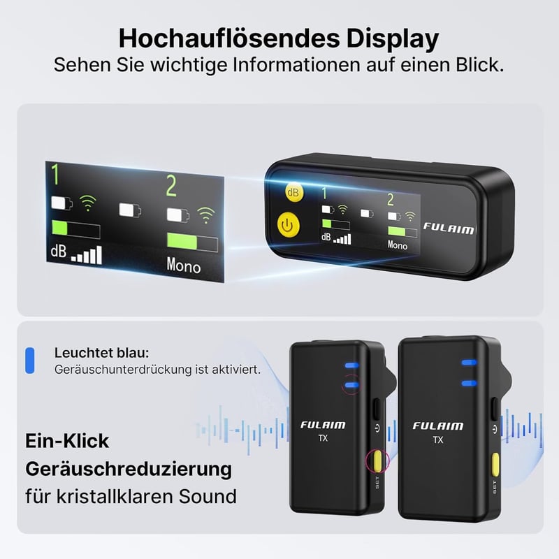 FULAIM X5M Vezeték Nélküli Csíptetős Mikrofon Szett Töltőtokkal - DSP Zajszűrés, 18 Órás Felvétel, Valós Idejű Monitorozás, Telefon/Android/
