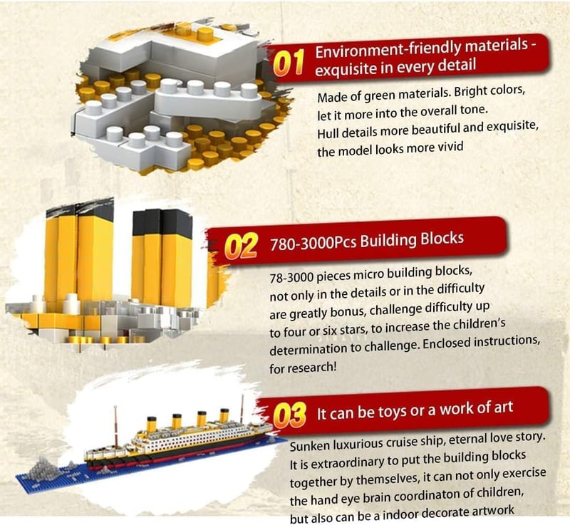 FULHOLPE Titanic 1860 darabos építőkocka szett, mikro diamond hajómodell
