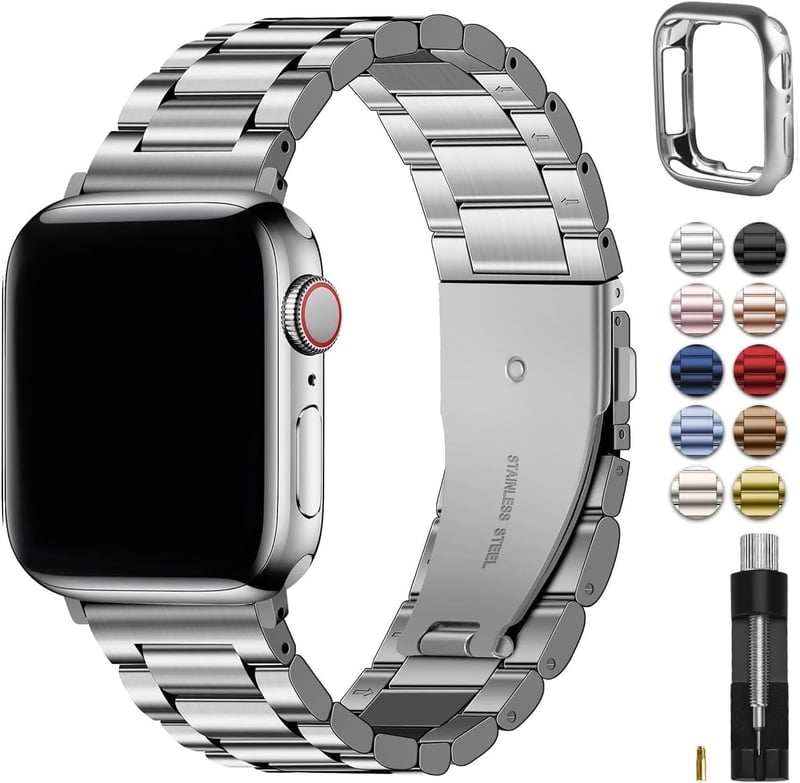 Kovový remienok Fullmosa pre Apple Watch 42mm 44mm 45mm 49mm (Series 9/8/7/6/SE/5/4/3/2/1/Ultra) z nehrdzavejúcej ocele, náhradný remienok so strieborným ochranným krytom