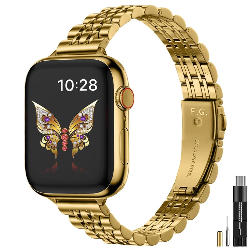 Fullmosa Slim kovový remienok pre Apple Watch 42 mm 41 mm 40 mm 38 mm kompatibilný so SE Series 11 10 9 8 7 6 5 4 3 2 1 remienok z nehrdzavejúcej ocele tenký iWatch remienok zlatý