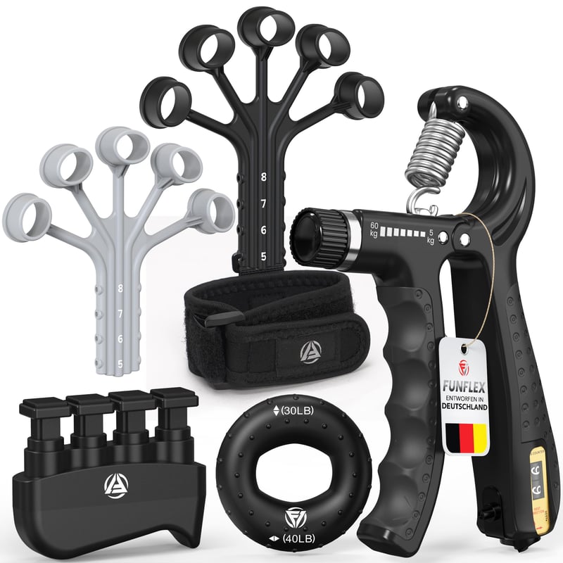 Set FUNFLEX pentru întărirea mâinilor și antrenarea degetelor, 5 piese, cu antrenor reglabil pentru antebraț, inel de prindere și bentiță din neopren pentru încheietură, pentru fitness și antrenamentul forței