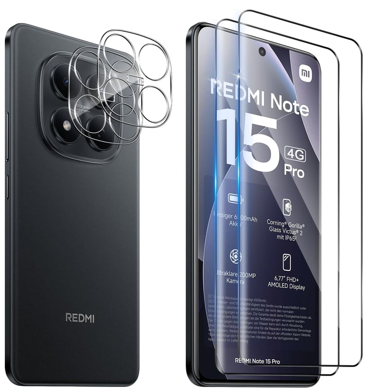 Funrae 3D tvrdené sklo pre Xiaomi Redmi Note 15 Pro 4G s ochranou fotoaparátu 【2+2 ks】, tvrdosť 9H, 0,33 mm, celoplošná ochranná fólia na displej