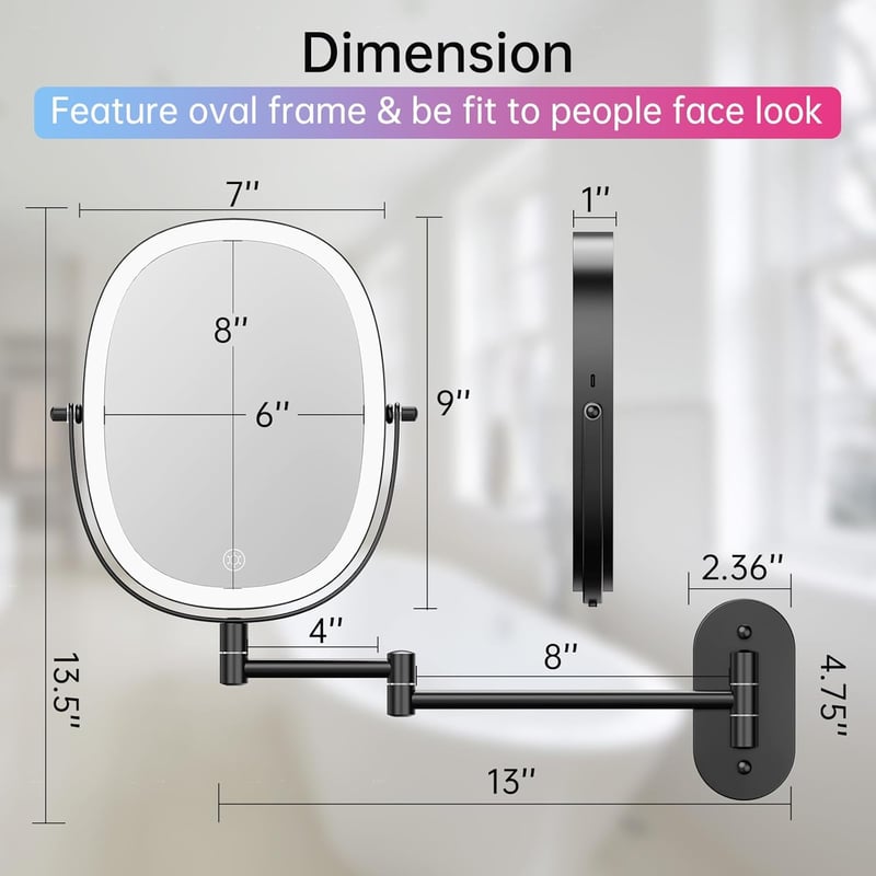 FUNTOUCH Tölthető Kozmetikai Tükör 1X/7X Nagyítás Dimmer Funkcióval Fekete