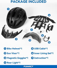 FUNWICT kerékpáros sisak napellenzővel, LED világítással és mágneses szemüvegtartóval - M: 54-58 cm, Black 9