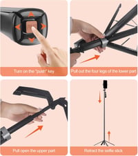 Funxee Szelfi Bot Állvány 180 cm - Okostelefon Tripod LED Világítással, Vezeték Nélküli Távirányítóval, 360° Forgatható, iPhone és Android K 4