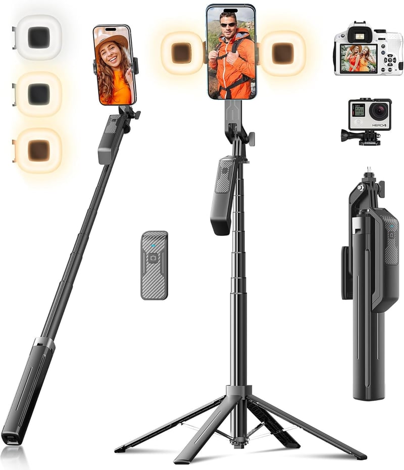 Funxee Szelfi Bot Állvány 180 cm - Okostelefon Tripod LED Világítással, Vezeték Nélküli Távirányítóval, 360° Forgatható, iPhone és Android K