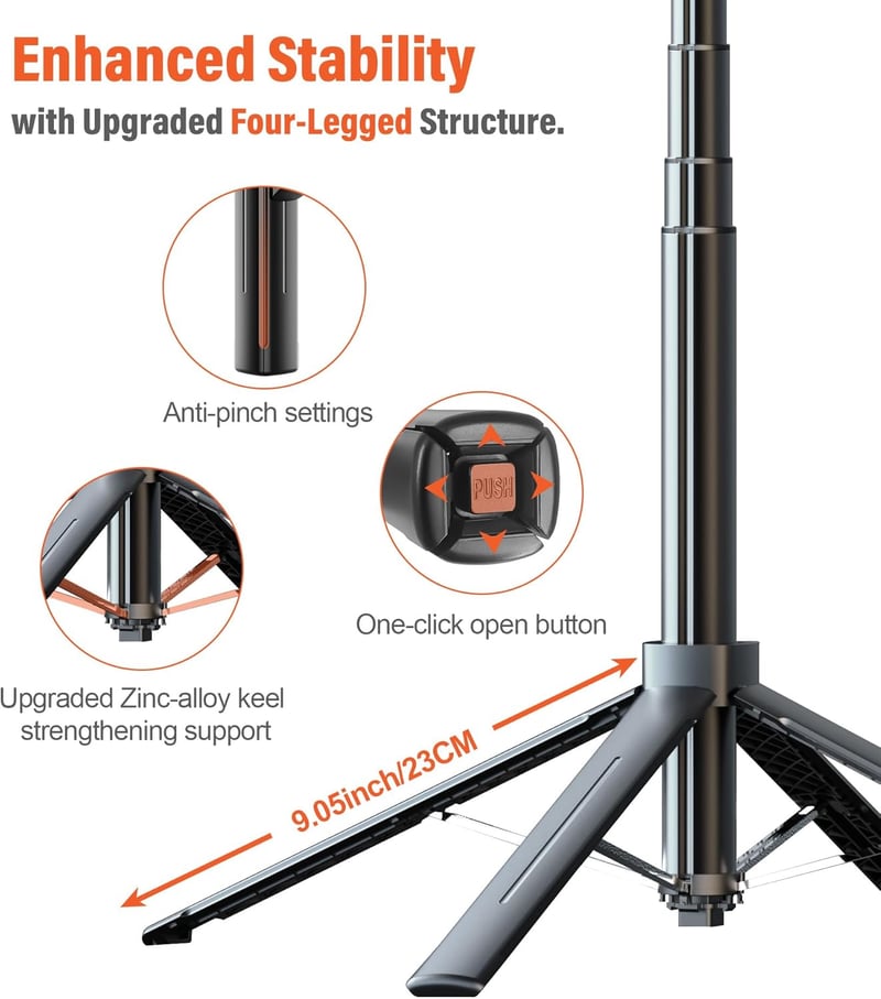 Funxee Szelfi Bot Állvány 180 cm - Okostelefon Tripod LED Világítással, Vezeték Nélküli Távirányítóval, 360° Forgatható, iPhone és Android K