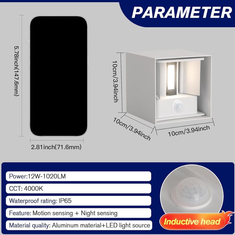 FUPE 2db Mozgásérzékelős LED Fali Lámpa Kültéri Beltéri IP65 Vízálló 12W 4000K - 12W, White-4000k-with Sensor