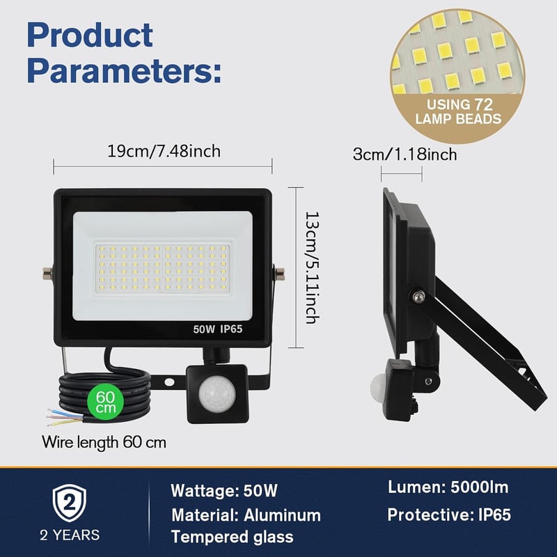 FUPE 50W LED reflektor mozgásérzékelővel kültérre 5000 lm 6500K hideg fehér IP65 fekete alumínium 3 üzemmód fényérzékelővel