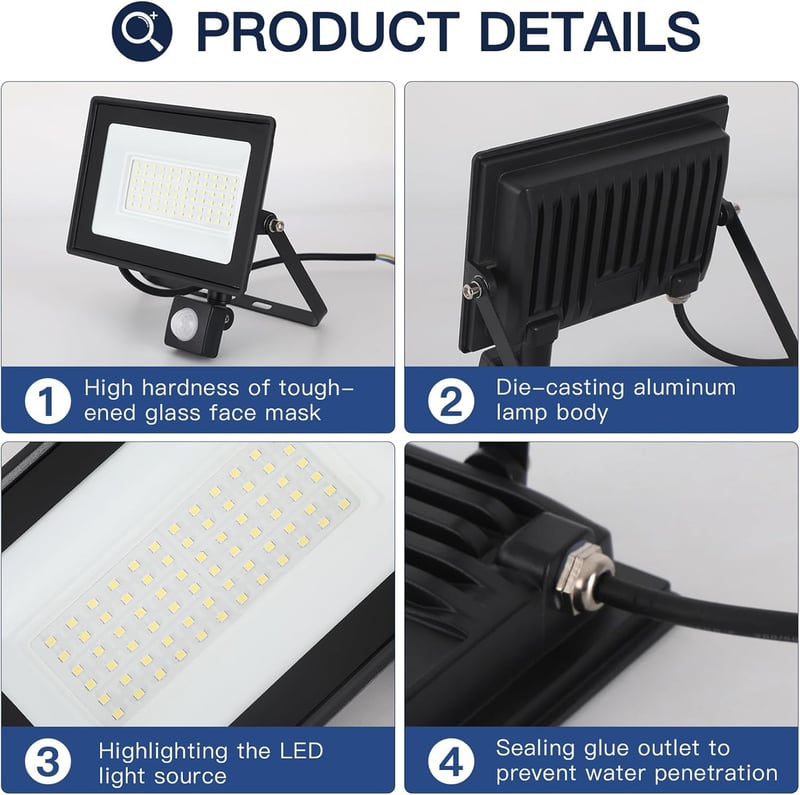 FUPE 50W LED reflektor mozgásérzékelővel kültérre 5000 lm 6500K hideg fehér IP65 fekete alumínium 3 üzemmód fényérzékelővel