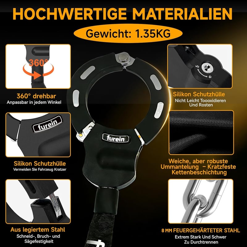 Furein E-roller Lánc Lakat 8mm - 91cm Acél Biztonsági Zár Kerékpárhoz