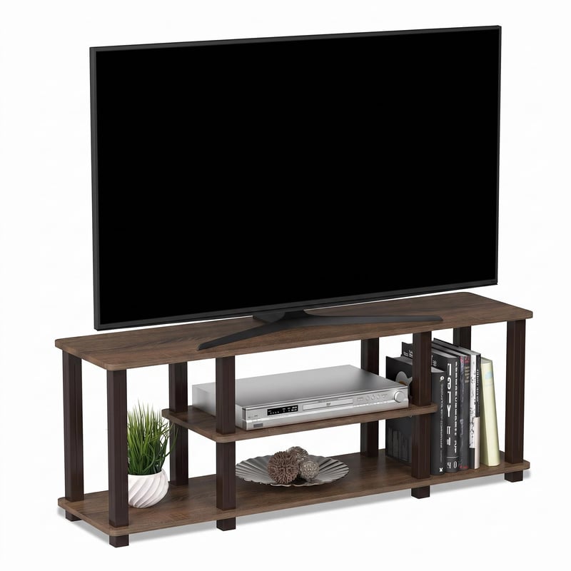 Stand TV Furinno Turn-S-Tube cu 3 niveluri și asamblare fără scule, culoare nuc/maro