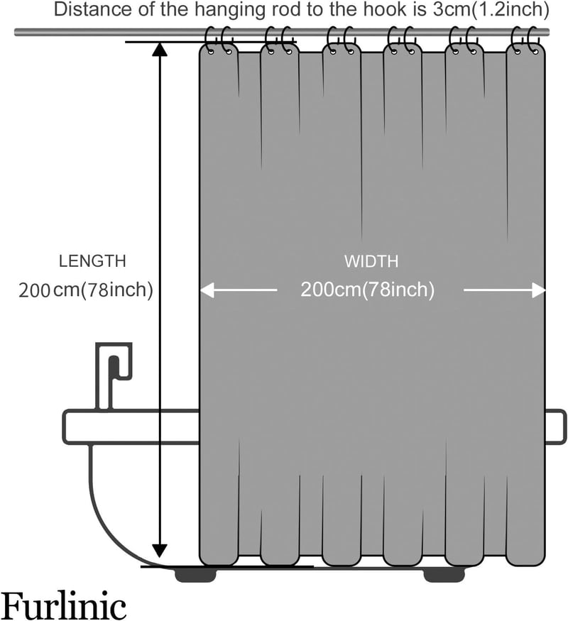 Furlinic Fekete Zuhanyfüggöny 200x198 cm - Vízálló Poliészter Fürdőszobai Függöny, Penészálló, Extra Széles Kádakhoz