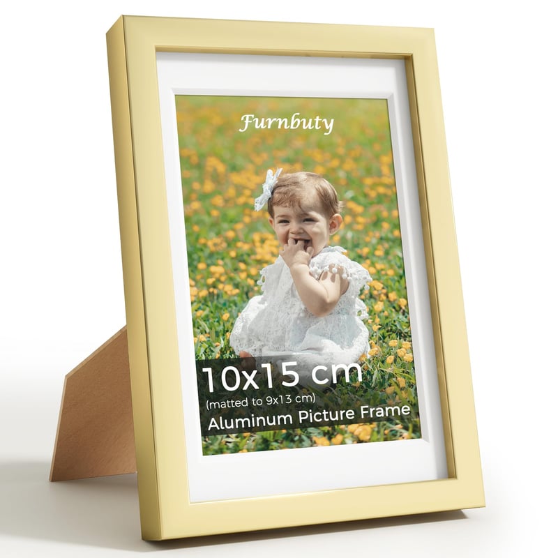 Ramă foto din aluminiu Furnbuty auriu 10x15 cm, ramă foto 9x13 cm cu passe-partout sau 10x15 cm fără, ramă pentru birou și perete pentru fotografii și printuri artistice