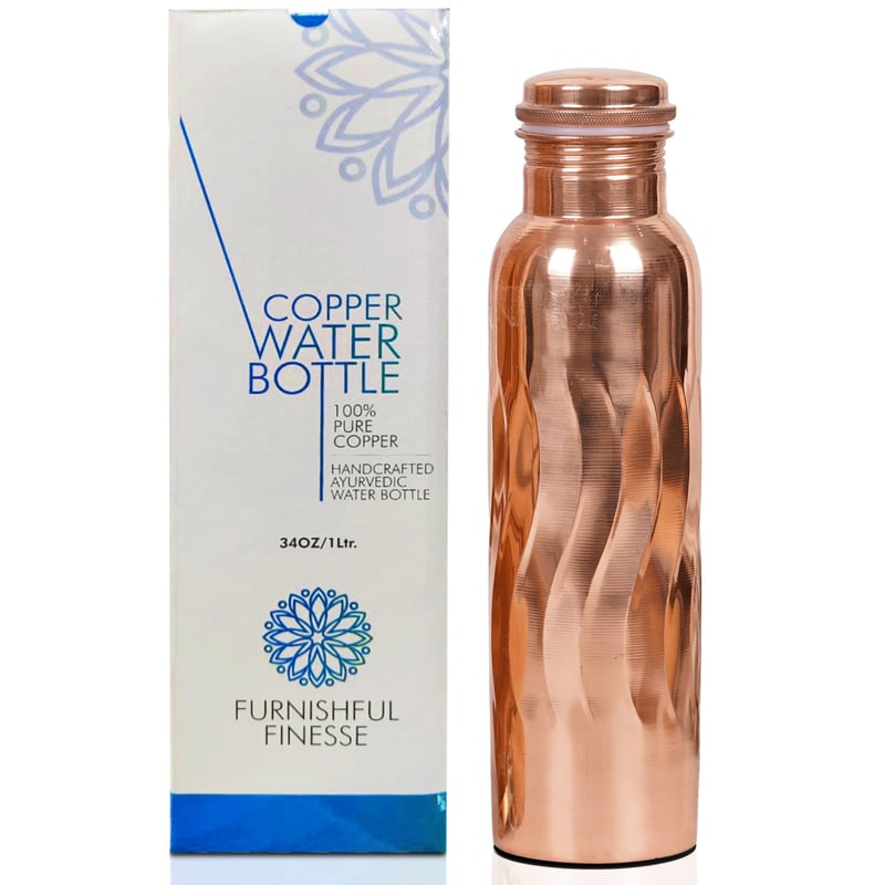 FURNISHFUL FINESSE Medená fľaša na vodu 950 ml, čistá prírodná medená fľaša na cestovanie, do fitka, na turistiku, jogu, meditáciu, ajurvédu