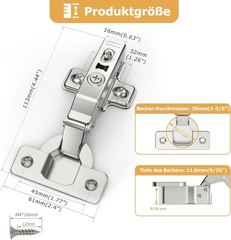 Furniware 10 db Sarokzáró Soft Close Szekrénycsuklop, 110°, Csendes Hidraulikus, Rejtett Konyhai Ajtócsuklop