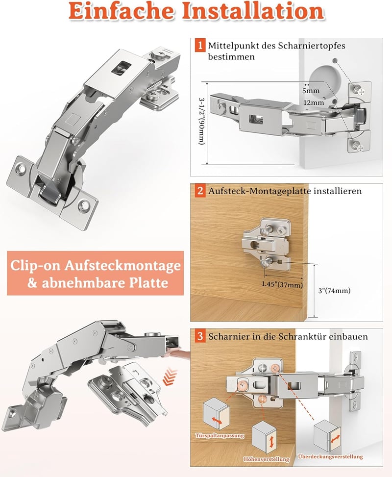 FURNIWARE 2 db 165 fokos lágy csillapítós süllyesztett pánt 52 mm furattávolsággal, 35 mm csésze bútorajtóhoz