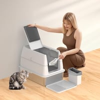 FURTIME Rozsdamentes Acél Macska WC XXL Fedeles Zárt Macskatoalett Lapáttal és Szemetes Kosárral Nagy Macskáknak 9
