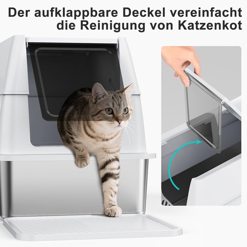 FURTIME Rozsdamentes Acél Macska WC XXL Fedeles Zárt Macskatoalett Lapáttal és Szemetes Kosárral Nagy Macskáknak