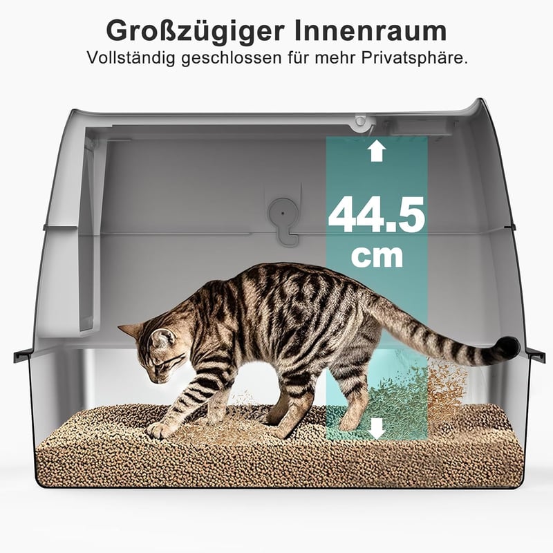 FURTIME Rozsdamentes Acél Macska WC XXL Fedeles Zárt Macskatoalett Lapáttal és Szemetes Kosárral Nagy Macskáknak