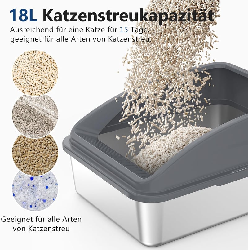 FURTIME rozsdamentes acél macskatoalett 18L lapáttal, magas falú szóróvédett