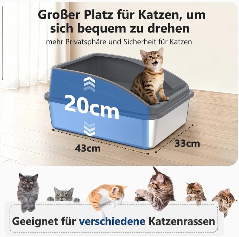 FURTIME rozsdamentes acél macskatoalett 18L lapáttal, magas falú szóróvédett