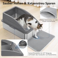 FURTIME Litieră XL din Oțel Inoxidabil 30L - Toaletă Mare pentru Pisici cu Lopățică și Covoraș cu Două Straturi, Antiscurgere, 58x37x28,5 cm 2
