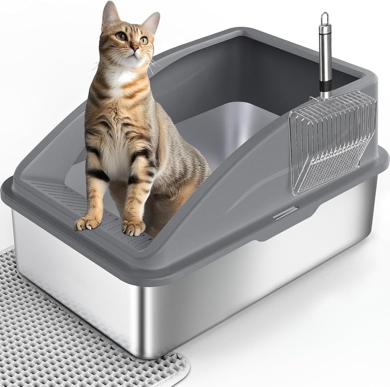 FURTIME Litieră XL din Oțel Inoxidabil 30L - Toaletă Mare pentru Pisici cu Lopățică și Covoraș cu Două Straturi, Antiscurgere, 58x37x28,5 cm