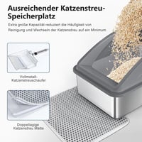 FURTIME Litieră XL din Oțel Inoxidabil 30L - Toaletă Mare pentru Pisici cu Lopățică și Covoraș cu Două Straturi, Antiscurgere, 58x37x28,5 cm 8
