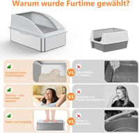 FURTIME Rozsdamentes Acél XXL Macska WC Tálca 30L Nagy Kapacitás Szivárgásmentes Alom Tároló Kanállal 58x37x28cm Ezüst Szürke 2