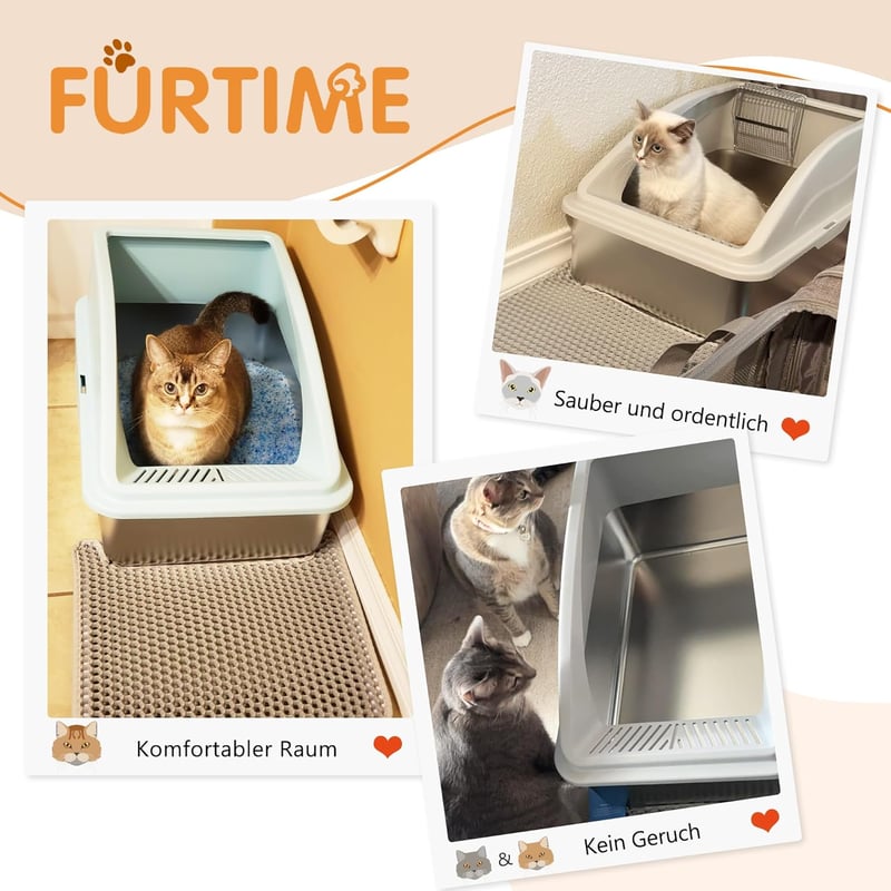 FURTIME Rozsdamentes Acél XXL Macska WC Tálca 30L Nagy Kapacitás Szivárgásmentes Alom Tároló Kanállal 58x37x28cm Ezüst Szürke