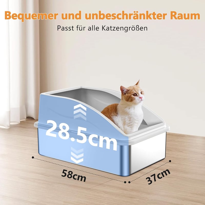 FURTIME Rozsdamentes Acél XXL Macska WC Tálca 30L Nagy Kapacitás Szivárgásmentes Alom Tároló Kanállal 58x37x28cm Ezüst Szürke