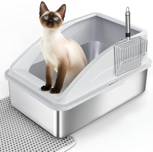 FURTIME Rozsdamentes Acél XXL Macska WC Tálca 30L Nagy Kapacitás Szivárgásmentes Alom Tároló Kanállal 58x37x28cm Ezüst Szürke