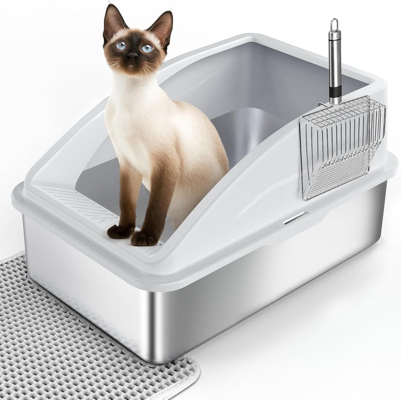 FURTIME Rozsdamentes Acél XXL Macska WC Tálca 30L Nagy Kapacitás Szivárgásmentes Alom Tároló Kanállal 58x37x28cm Ezüst Szürke