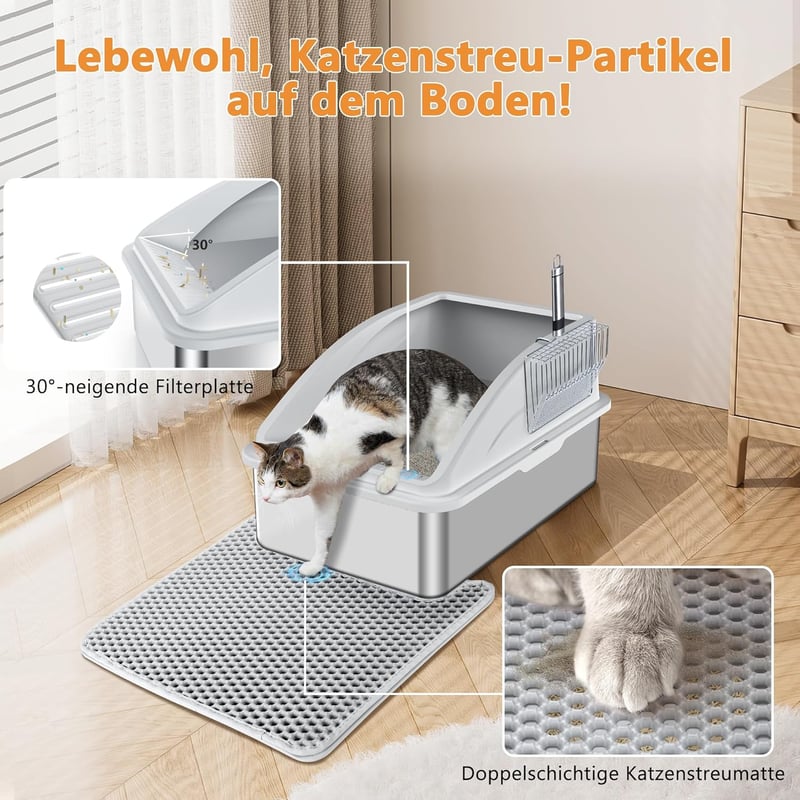 FURTIME Rozsdamentes Acél XXL Macska WC Tálca 30L Nagy Kapacitás Szivárgásmentes Alom Tároló Kanállal 58x37x28cm Ezüst Szürke