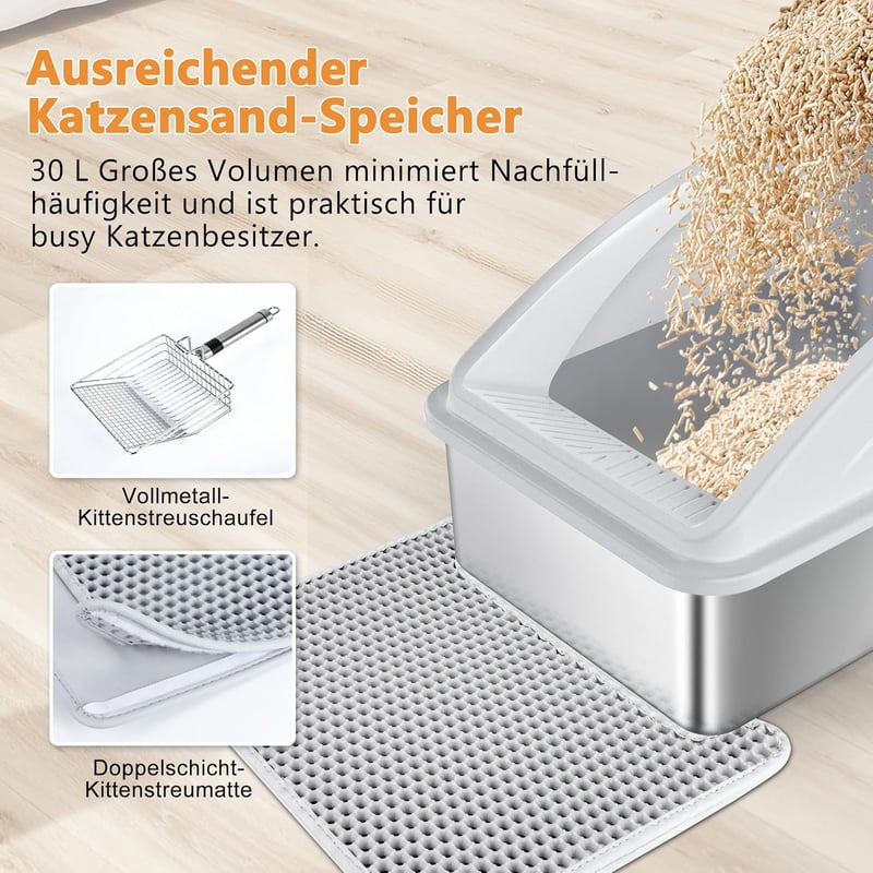 FURTIME Rozsdamentes Acél XXL Macska WC Tálca 30L Nagy Kapacitás Szivárgásmentes Alom Tároló Kanállal 58x37x28cm Ezüst Szürke