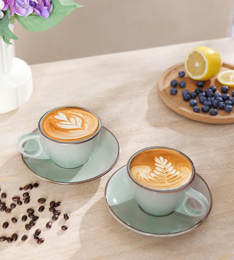 Futelang Cappuccino Csészék 237ml 4db-os Készlet - Vastag Falú Kerámia Kávéscsészék Csészealjjal és Tartóval, Tengerzöld
