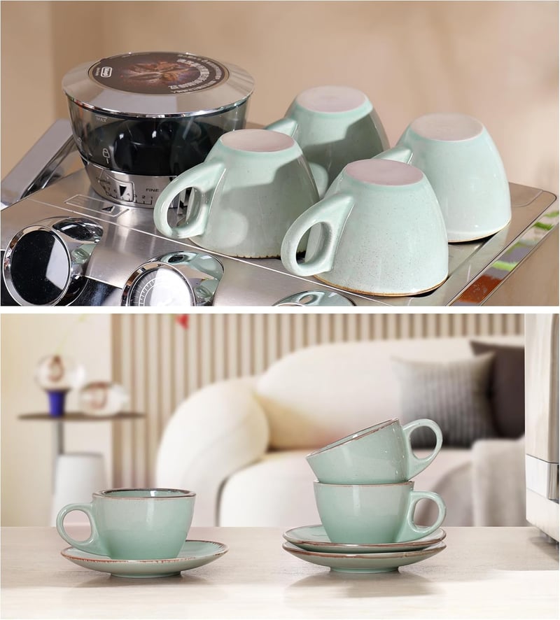 Futelang Cappuccino Csészék 237ml 4db-os Készlet - Vastag Falú Kerámia Kávéscsészék Csészealjjal és Tartóval, Tengerzöld