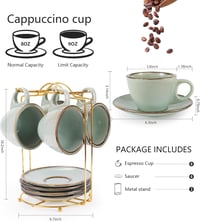 Futelang Cappuccino Csészék 237ml 4db-os Készlet - Vastag Falú Kerámia Kávéscsészék Csészealjjal és Tartóval, Tengerzöld 2