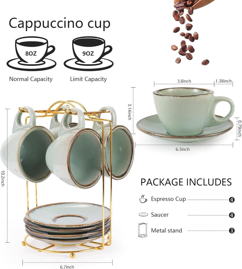 Futelang Cappuccino Csészék 237ml 4db-os Készlet - Vastag Falú Kerámia Kávéscsészék Csészealjjal és Tartóval, Tengerzöld