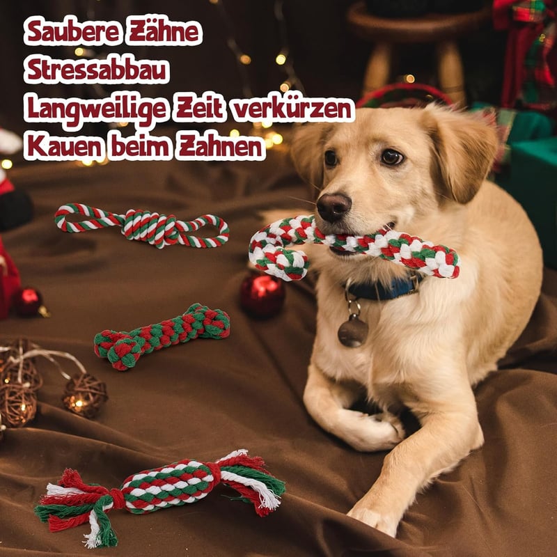 FuzzFables 9 részes karácsonyi kutyajáték készlet - Strapabíró rágókötél, interaktív sípolós játék kölyköknek, biztonságos rágójáték unalom 