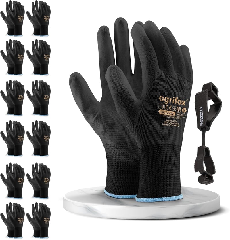 FUZZIO 12 Pár PU Bevonatú Munkakesztyű Kesztyűcsipesszel - M (12er Pack), Ogrifox work gloves + Fuzzio clips