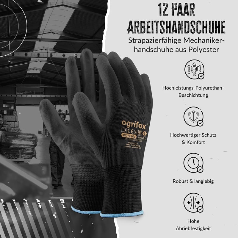 FUZZIO 12 Pár PU Bevonatú Munkakesztyű Kesztyűcsipesszel - M (12er Pack), Ogrifox work gloves + Fuzzio clips
